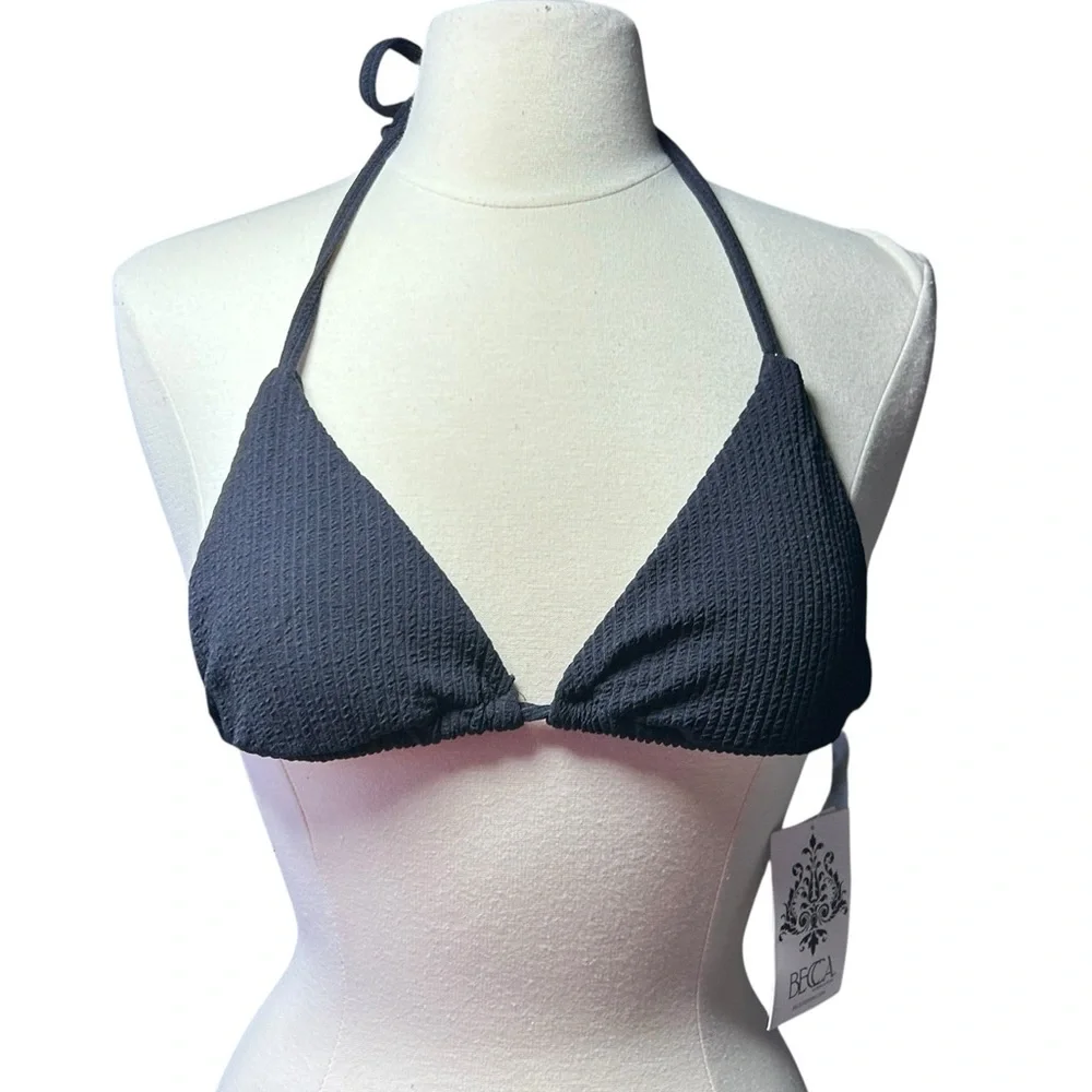 BECCA black ribbed triangle string tie bikini swim top size S NWT - Picture 2 of 6